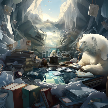High Resolution: Icy cave with towering ice walls and sunlight illuminating scattered books floating around a large polar bear reading download. | HRJPG.com