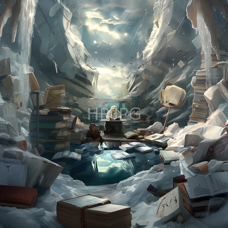 High Resolution: Ethereal sunlit cave filled with scattered books and papers amidst jagged ice around a reflective pool of water download. | HRJPG.com