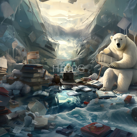 High Resolution: Icy cave with sunlight streaming through cracks illuminating books and papers floating on water pools and a large polar bear download. | HRJPG.com