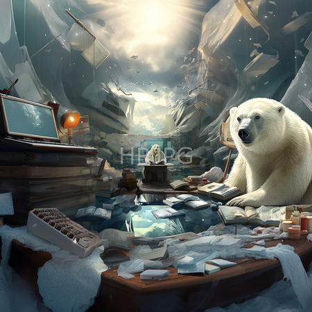 High Resolution: Arctic scene with a large polar bear sitting on snow-covered debris surrounded by scattered books with sunlight streaming through caverns download. | HRJPG.com