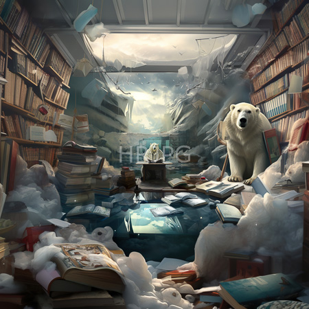 High Resolution: Ice-filled book-strewn library with two polar bears one standing and one seated at a center table under a broken ceiling download. | HRJPG.com