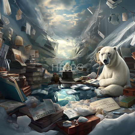 High Resolution: Arctic scene with books and papers scattered around illuminated by sunlight and a large polar bear reading beside a Santa Claus figure download. | HRJPG.com