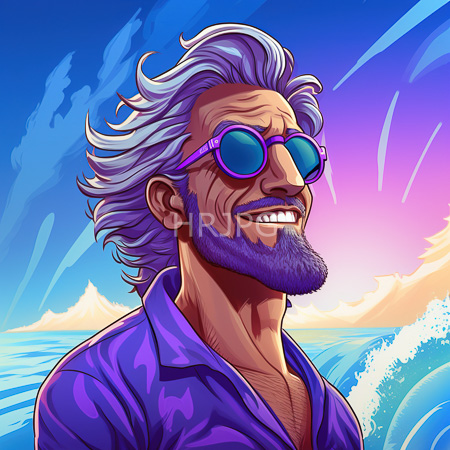 High Resolution: Older muscular man with silver hair and purple beard wearing round blue sunglasses and a violet shirt against vibrant ocean waves download. | HRJPG.com