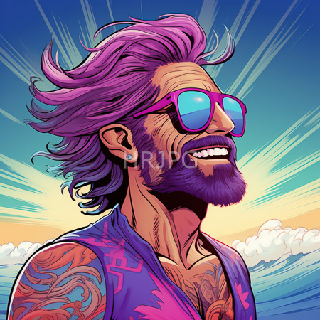 High Resolution: Attractive muscular man with purple hair and beard wearing blue sunglasses against a vibrant sunset sky with colorful shoulder tattoos download. | HRJPG.com