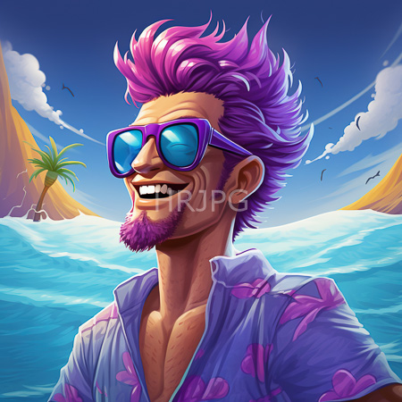 High Resolution: Animated muscular man with vibrant purple hair and beard wears large blue sunglasses and a light pink shirt adorned with lavender flowers download. | HRJPG.com