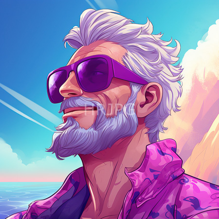 High Resolution: Older man with white hair and beard wears large purple sunglasses and a pink floral shirt against a bright blue sky and ocean waves download. | HRJPG.com