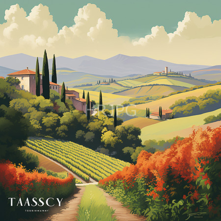 High Resolution: Idyllic Italian countryside featuring rolling green hills with vineyards and orchards leading to rustic buildings and tall cypress trees download. | HRJPG.com