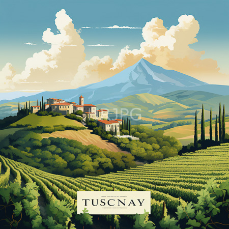 High Resolution: Tuscany featuring rolling vineyards a central hilltop with red-roofed buildings surrounded by cypress trees under a blue sky download. | HRJPG.com