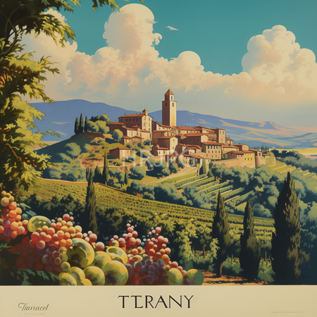High Resolution: Painting of Tivoli in Rococo style depicting lush green hills with terraced vineyards and tall cypress trees leading up to a medieval town download. | HRJPG.com