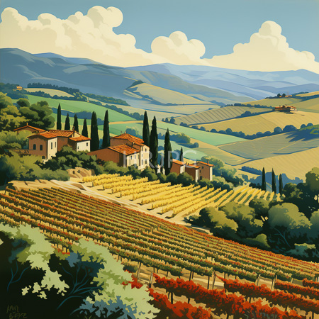 High Resolution: Illustrative painting depicting a picturesque Italian countryside landscape under bright sunlight with fluffy clouds and vineyards download. | HRJPG.com