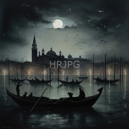 High Resolution: Venice at night featuring silhouetted gondoliers on reflective water with illuminated buildings and domes under a moonlit sky download. | HRJPG.com
