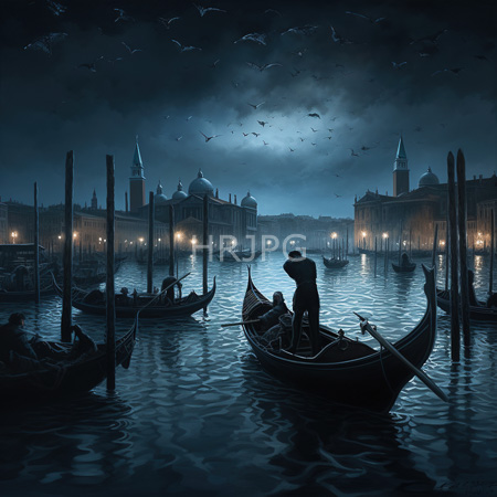 High Resolution: Venice at night featuring dark blue hues moonlight reflecting on waterways with gondolas and silhouetted figures rowing download. | HRJPG.com