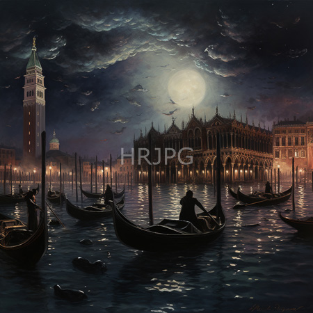 High Resolution: Atmospheric painting depicting Venice at night under a full moon with dramatic clouds and bats in flight above gondolas on calm water download. | HRJPG.com