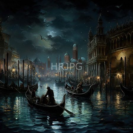 High Resolution: Dark moody painting depicts an atmospheric Venetian night scene with gondolas on reflective waterways under cloudy skies and moonlight download. | HRJPG.com