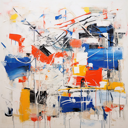 High Resolution: Abstract painting featuring bold chaotic brushstrokes in reds blues yellows and blacks with thick layers creating textured patterns download. | HRJPG.com