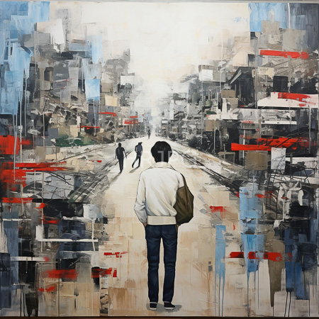 High Resolution: Abstract painting depicting a city street scene from behind view with impressionistic brushstrokes and a solitary male figure download. | HRJPG.com