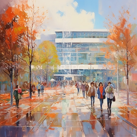 High Resolution: Impressionistic painting depicting a bustling autumn street scene with reflective wet pavement colorful leaves and numerous pedestrians download. | HRJPG.com