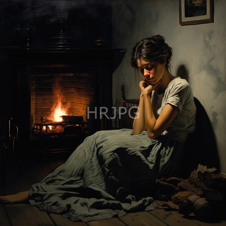 High Resolution: Painting of a young woman with fair skin sitting on a wooden floor by a dim fireplace contemplating with chin in hands download. | HRJPG.com