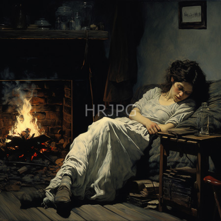 High Resolution: Realistic painting depicts an exhausted young woman reclining on cushions by a roaring brick fireplace in dim light with scattered books download. | HRJPG.com