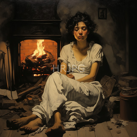 High Resolution: Oil painting of an exhausted curly-haired woman with closed eyes sitting by a roaring fireplace in dim lighting download. | HRJPG.com
