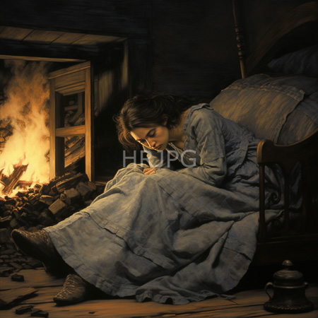 High Resolution: Painting of an exhausted young woman sitting on a wooden bed by a dim fireplace in a darkened room gazing at her hands download. | HRJPG.com