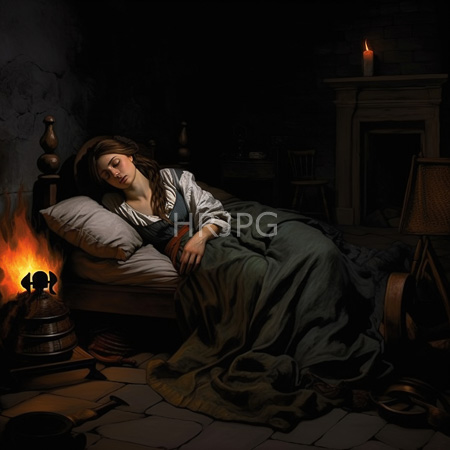 High Resolution: Dark realistic painting depicts an exhausted woman lying on her side in bed by dim candlelight from a roaring fireplace behind her download. | HRJPG.com