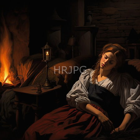 High Resolution: Painting of an exhausted young woman sleeping on a dark wooden bed in dim light beside a roaring fireplace download. | HRJPG.com