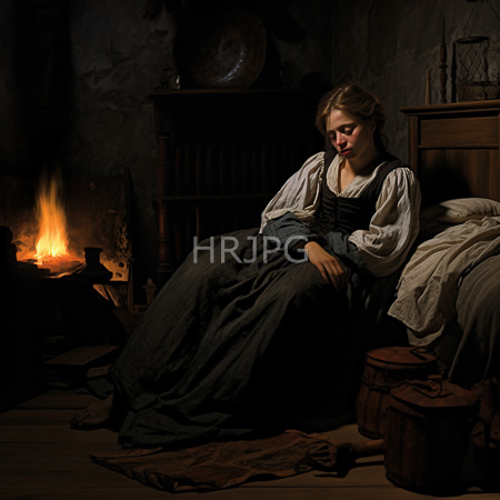 High Resolution: Painting of an introspective young woman in period clothing sitting on a bed in a dim-lit rustic room by a fireplace download. | HRJPG.com