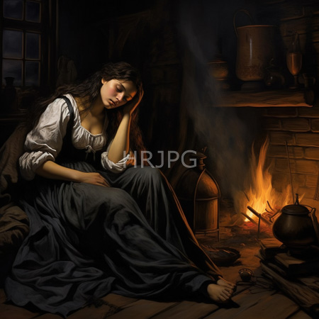 High Resolution: Realistic oil painting depicts an exhausted young woman sitting by a warm fireplace in dim lighting resting her hand on her forehead download. | HRJPG.com