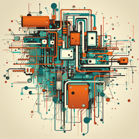 High Resolution: Abstract artwork featuring intricate overlapping geometric shapes and lines in orange teal blue black resembling circuit boards download. | HRJPG.com