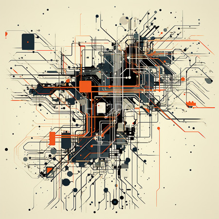 High Resolution: Abstract artwork featuring an intricate network of black orange and white lines intersecting in complex patterns reminiscent of circuitry download. | HRJPG.com