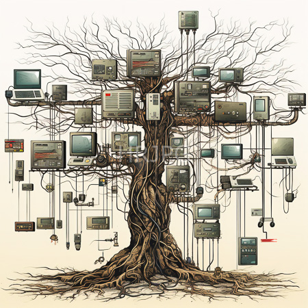 High Resolution: Abstract tree with gnarled twisting roots and bare branches adorned by various vintage electronic devices and hanging wires download. | HRJPG.com