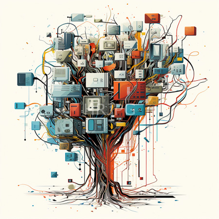 High Resolution: Abstract tree-like structure composed of various electronic components such as circuit boards and wires in blue red orange gray hues download. | HRJPG.com
