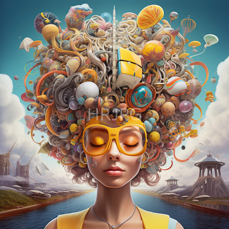 High Resolution: African-American woman with closed eyes wearing yellow glasses her head filled with colorful surreal objects like balloons seashells and gears download. | HRJPG.com