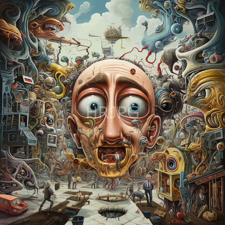High Resolution: Intricate surreal illustration featuring a large floating bald man with wide eyes and swirling abstract shapes in vibrant colors download. | HRJPG.com
