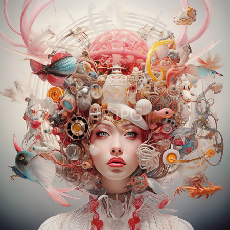 High Resolution: Ethereal pale-skinned woman with blue eyes wears intricate headgear composed of colorful fish seashells gears and ribbons in pastel hues download. | HRJPG.com