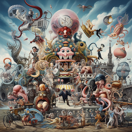 High Resolution: Intricate surreal illustration featuring whimsical and fantastical elements with a formal-suited man surrounded by bizarre creatures download. | HRJPG.com