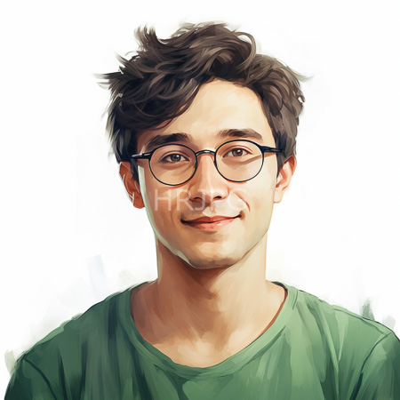 High Resolution: Asian young man with short wavy brown hair and round glasses wears a green shirt against a white background with a light smile download. | HRJPG.com