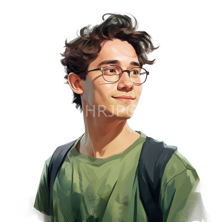 High Resolution: Attractive young man with curly brown hair wears glasses and a green t-shirt with a light smile against a white background download. | HRJPG.com