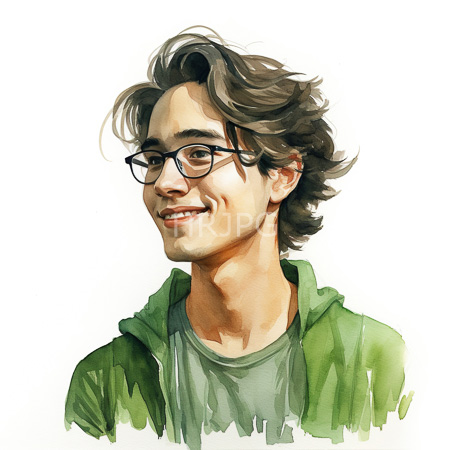 High Resolution: Watercolor portrait of an attractive young man with light olive skin brown wavy hair and black-rimmed glasses smiling gently download. | HRJPG.com