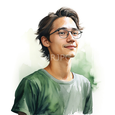 High Resolution: Asian young man with light skin short brown hair and black-rimmed glasses smiling slightly while wearing a greenish-gray t-shirt download. | HRJPG.com