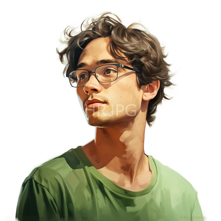 High Resolution: Androgynous young man with wavy brown hair wears glasses and a green shirt against a white background with a thoughtful expression download. | HRJPG.com