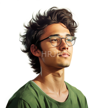 High Resolution: Asian young man with wavy dark brown hair and light skin tone wears round glasses and a green shirt gazing slightly upward download. | HRJPG.com