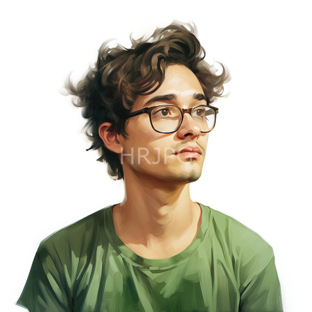 High Resolution: Androgynous young man with light olive skin curly dark brown hair wears rectangular glasses and a green t-shirt gazing thoughtfully upward download. | HRJPG.com