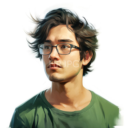 High Resolution: Asian young man with medium-length wavy black hair wears rectangular glasses and a green t-shirt against a plain white background download. | HRJPG.com
