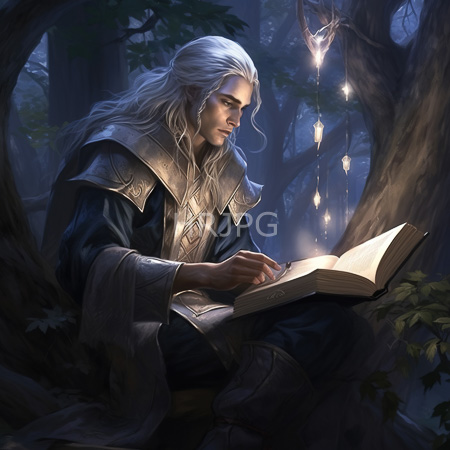 High Resolution: Androgynous long-haired white man with pale skin reading in a moonlit forest wears ornate dark robes with glowing crystals hanging download. | HRJPG.com