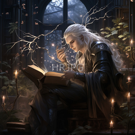 High Resolution: Androgynous white-haired elf with long hair reading from an open book by dim candlelight within a gothic library adorned by vines download. | HRJPG.com