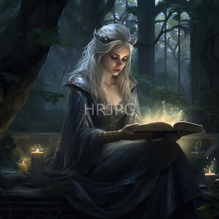 High Resolution: Ethereal fair-skinned woman with long silver hair and horns sitting in a mystical forest reading from an open book emitting magical light download. | HRJPG.com