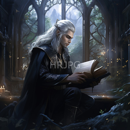High Resolution: Elven male with long silver hair and pointed ears sitting in front of tall arched windows inside a dim-lit stone room filled with candles download. | HRJPG.com