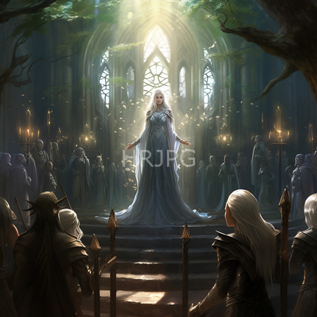 High Resolution: Ethereal white-haired woman in flowing blue robes stands on steps within a dim cathedral-like setting with sunlight streaming through stained glass download. | HRJPG.com